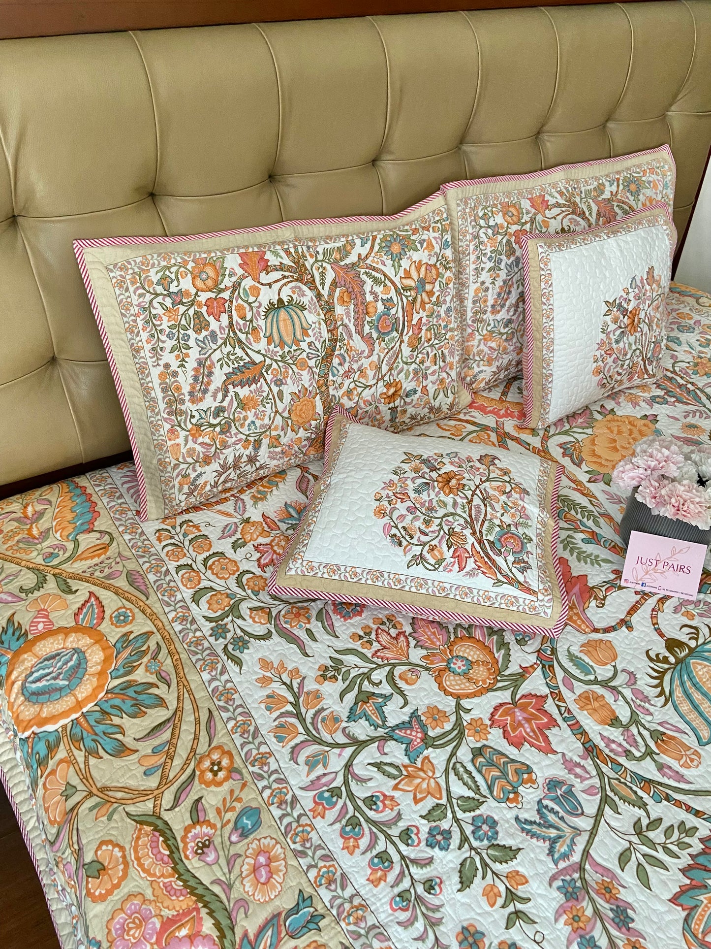 Tree Of Life In Beige Quilted Bedcover