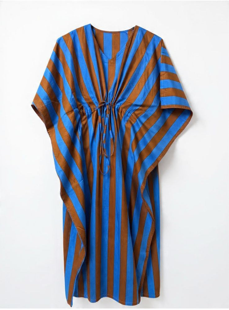 Striped dress with blue and brown pattern on a white background