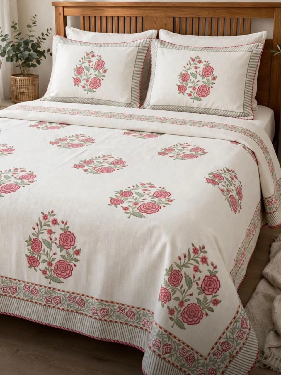 Handblock Linen Bedcovers With Pillow Cases