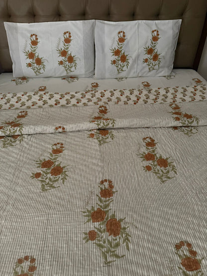 Handblock King Size Quilt  With Matching Bedsheet