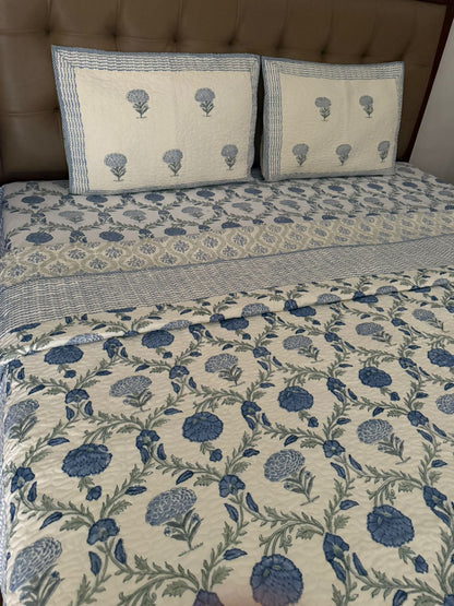 Handblock Reversible Quilted Bedcover With Matching Handblock Bedsheet