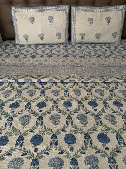 Handblock Reversible Quilted Bedcover With Matching Handblock Bedsheet