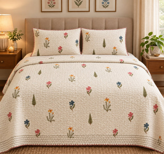 Handblock Reversible Super King Size Quilted Bedcover With Pillows