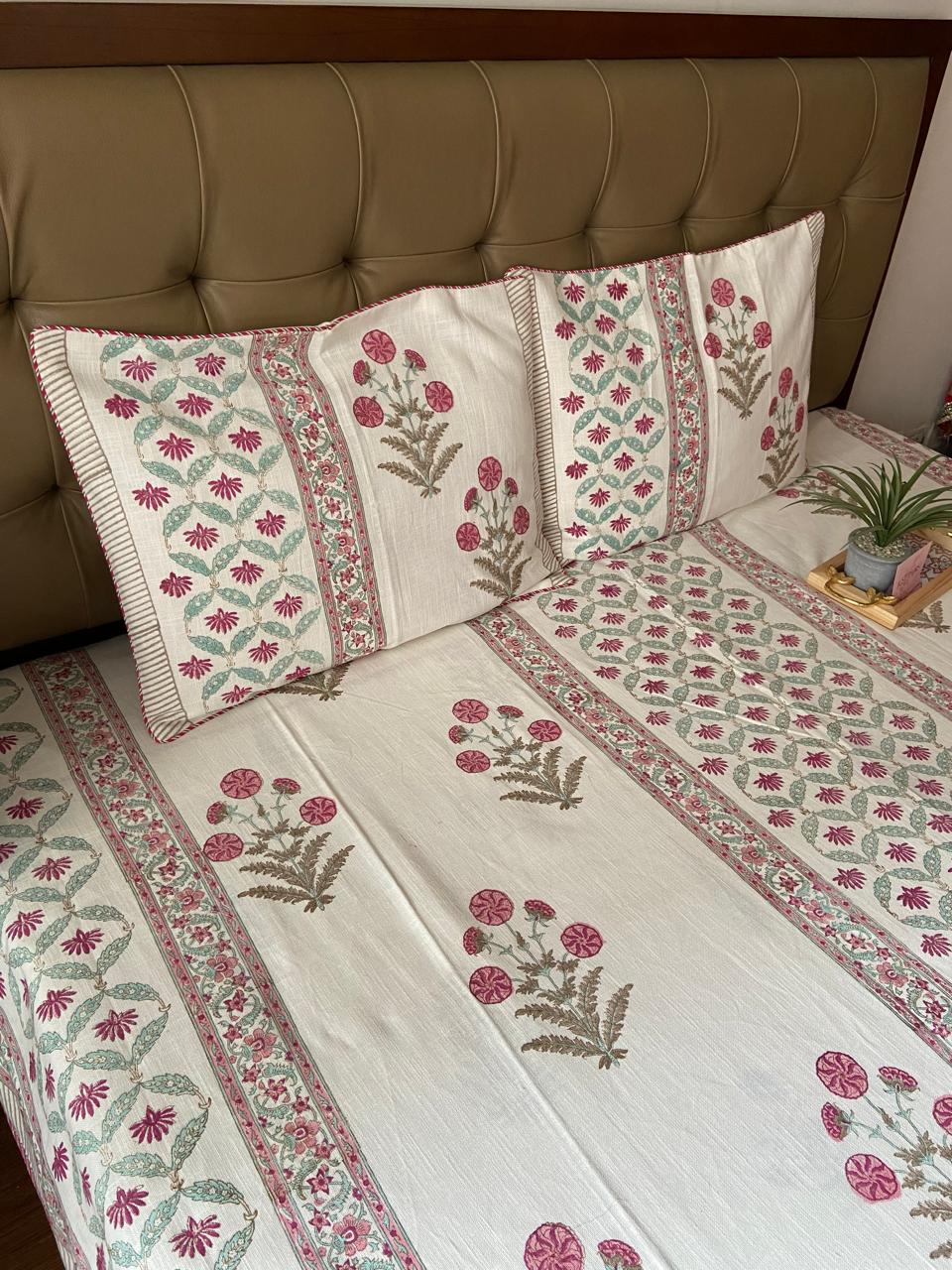 Handblock Linen Bedcovers With Pillow Cases