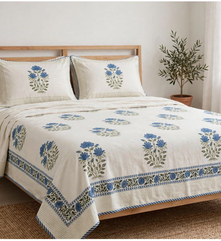 Handblock Linen Bedcovers With Pillow Cases