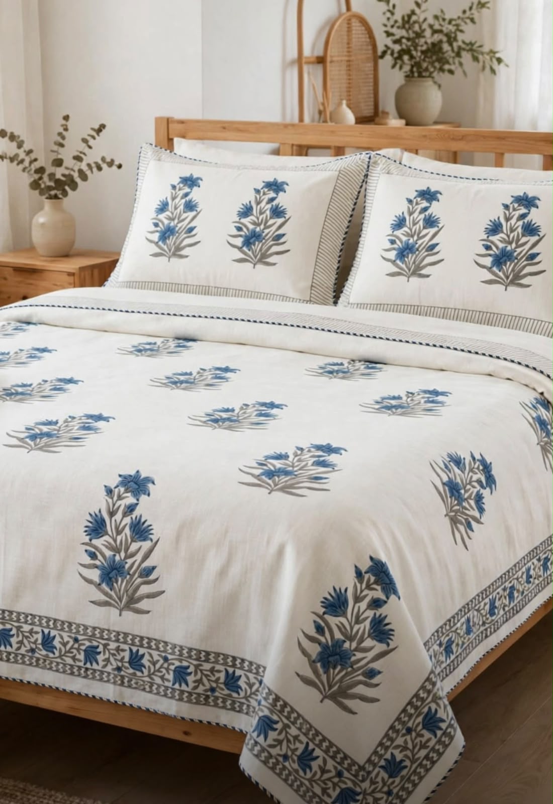 Handblock Linen Bedcovers With Pillow Cases