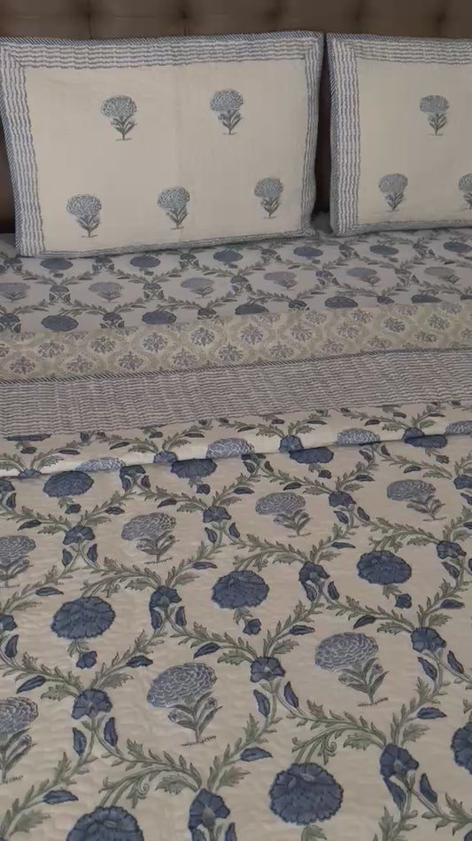 Handblock Reversible Quilted Bedcover With Matching Handblock Bedsheet