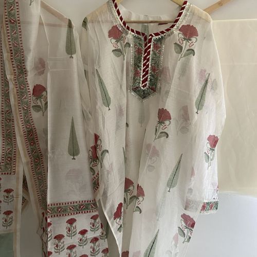 Red Poppy with Green Cypress Chanderi Suit Set